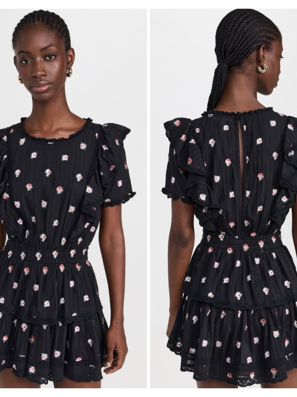 LoveShackFancy Black Mini Dress with Pink Floral Print